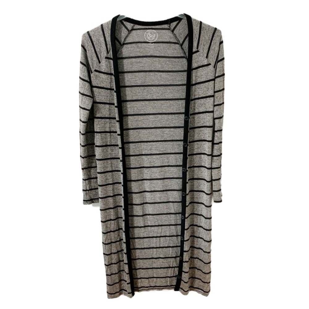 So Juniors Striped Button Front Duster Cardigan Sweater Contrasting Trim 🩶🖤